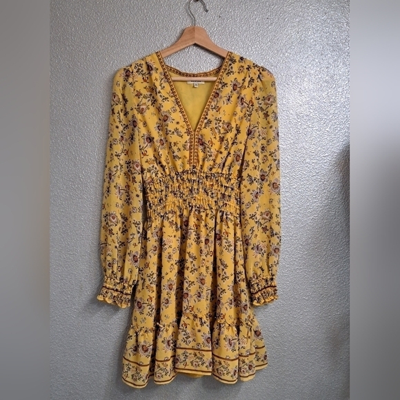 Max Studio Mustard Floral Long Sleeve Mini Dress   Size M - Picture 8 of 10